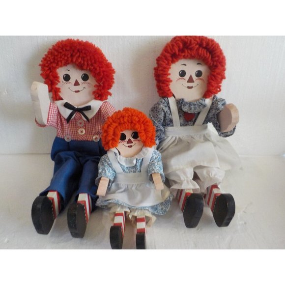 Vintage Set of 3 Raggedy Ann Andy Wooden Dolls Folk Art Posable Shelf Sitters